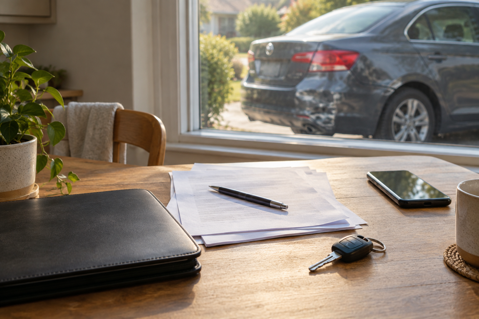 Car keys and organized accident paperwork beside a window, illustrating preparation for a car accident statute of limitations review.