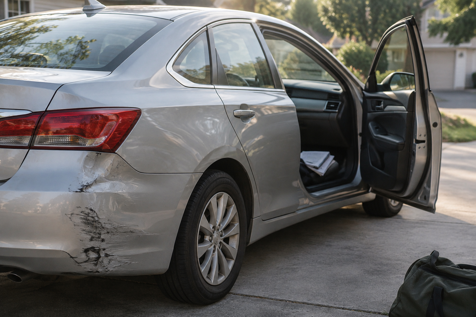 Parked sedan with minor rear bumper damage illustrating delayed injury symptoms after car accident.