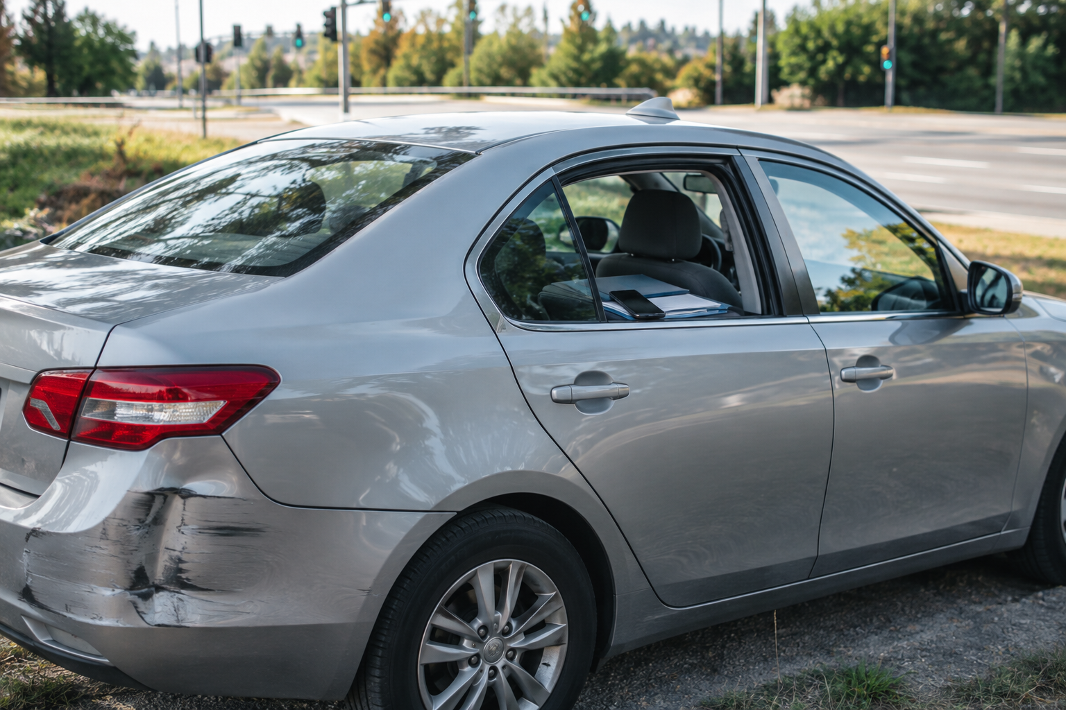 Safely parked sedan with rear bumper damage illustrating hit and run accident what to do next.
