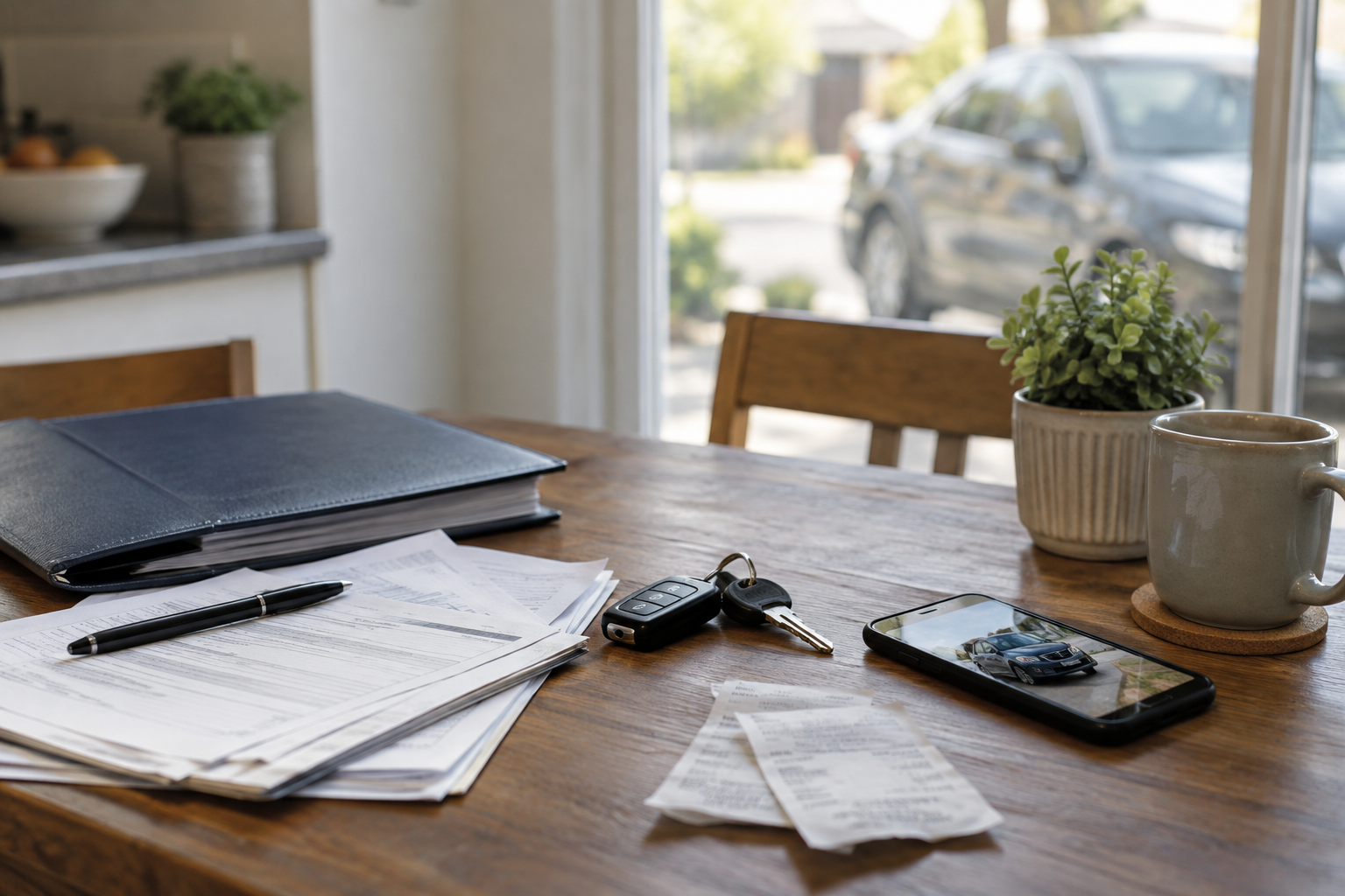 Car keys and organized insurance records for reviewing how much is my car accident claim worth.