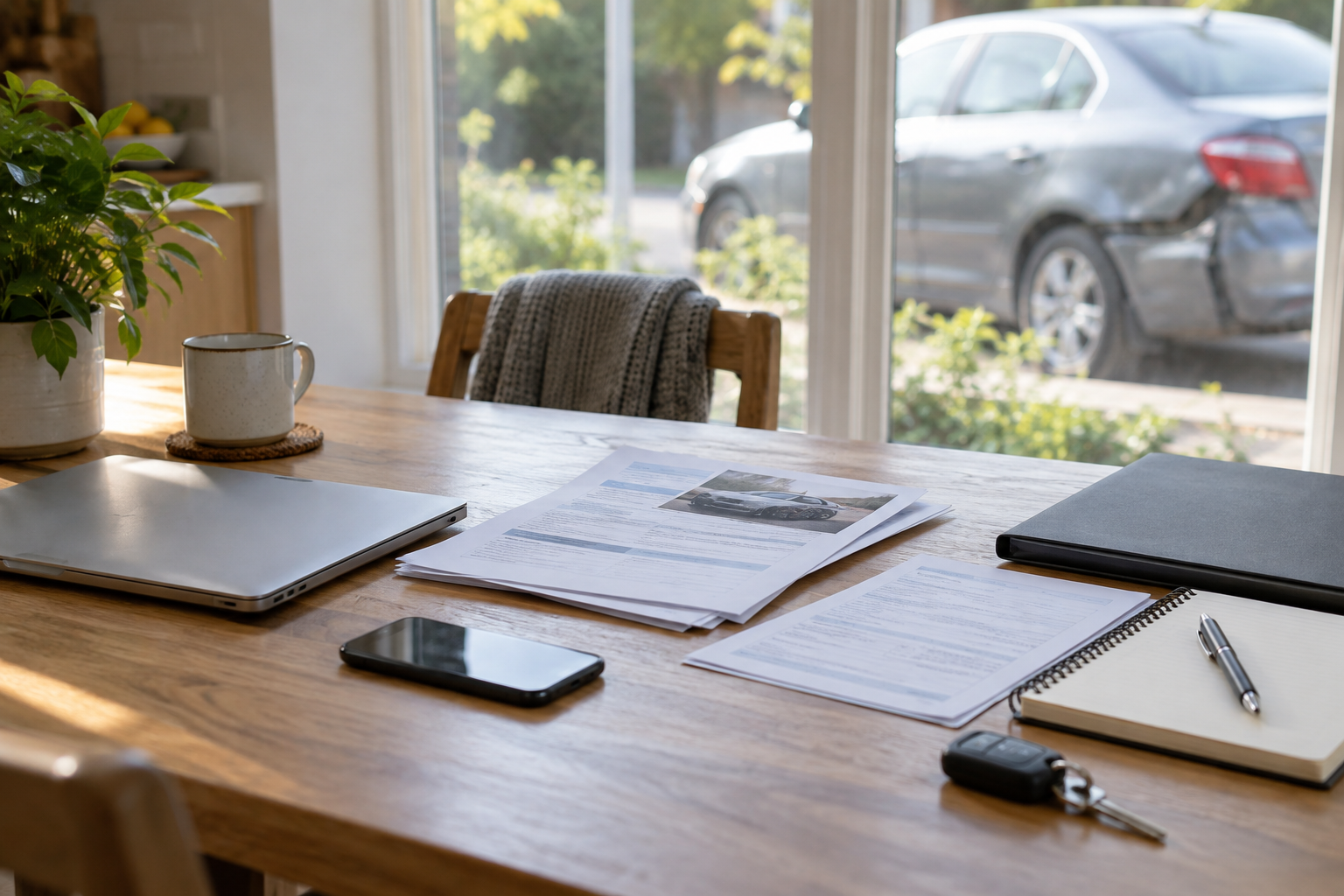 Organized claim paperwork, phone, and car keys illustrating how to deal with insurance adjuster calls after a crash.