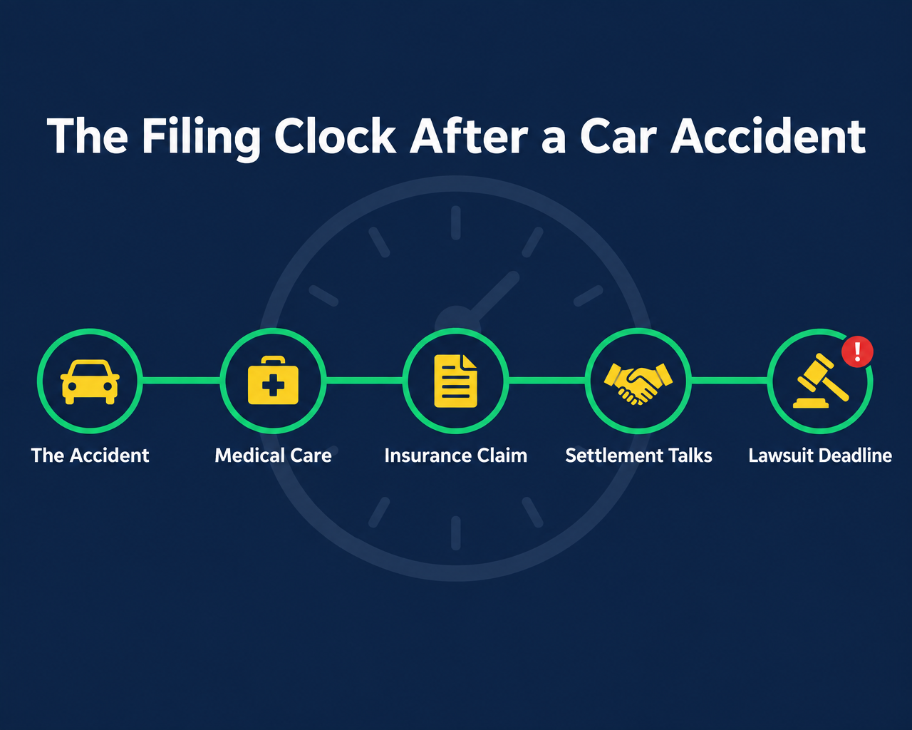 Infographic timeline of the filing clock after a car accident: the accident, medical care, the insurance claim, settlement talks, and the lawsuit deadline.