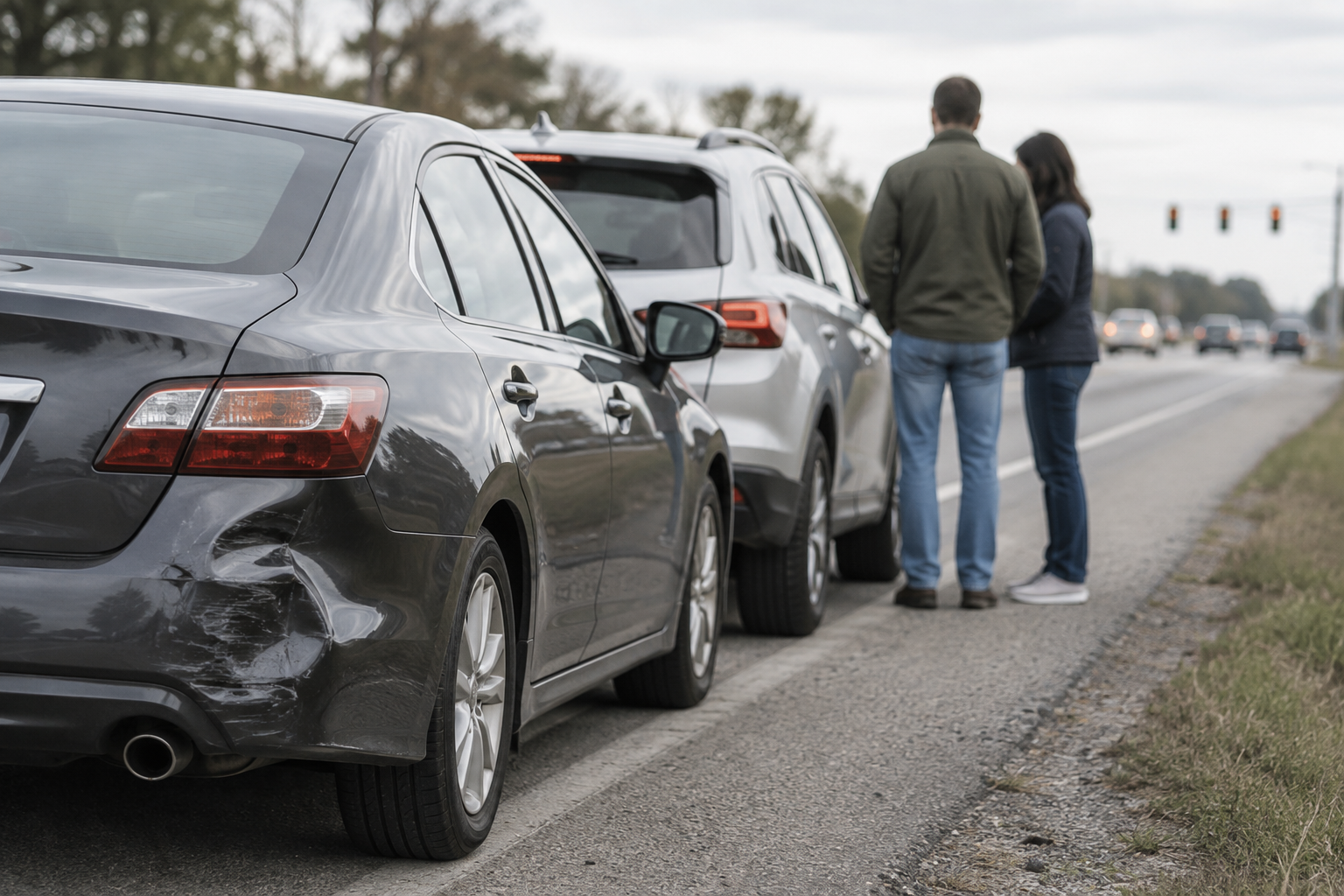 Two vehicles pulled safely onto a roadside shoulder after a crash relevant to a rear-end collision claim