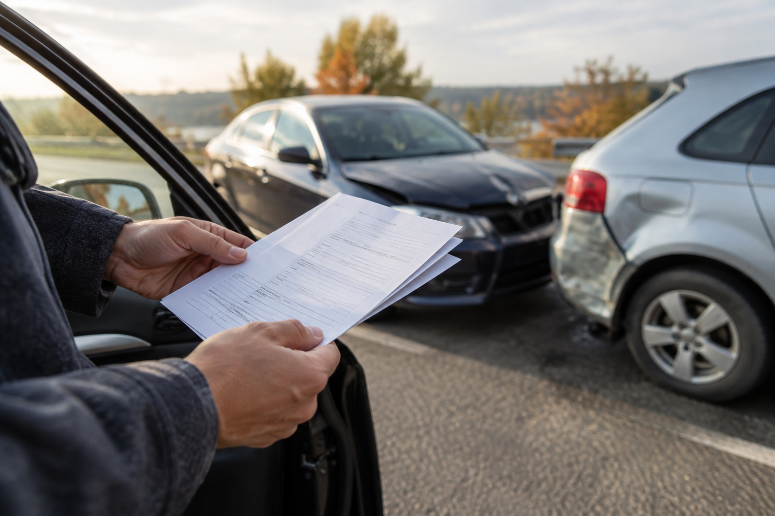 Insurance paperwork beside vehicles pulled over after an uninsured motorist accident